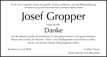 Traueranzeige von Josef Gropper von Memminger Zeitung