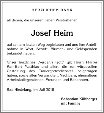 Traueranzeige von Josef Heim von Allgäuer Anzeigeblatt