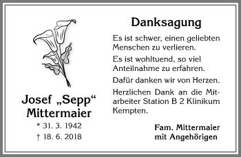 Traueranzeige von Josef Mittermaier von Allgäuer Zeitung,Kempten
