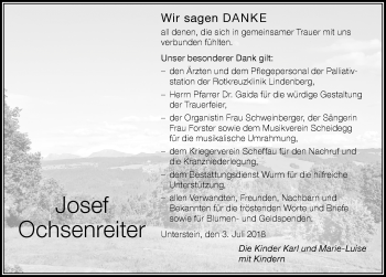Traueranzeige von Josef Ochsenreiter von Der Westallgäuer