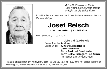 Traueranzeige von Josef Reisch von Memminger Zeitung