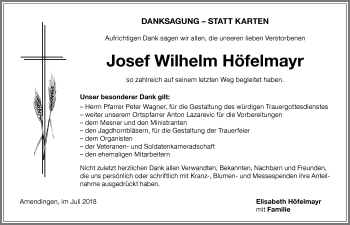 Traueranzeige von Josef Wilhelm Höfelmayr von Memminger Zeitung