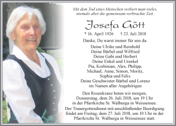 Traueranzeige von Josefa Gött von Allgäuer Zeitung, Füssen