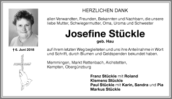 Traueranzeige von Josefine Stückle von Memminger Zeitung