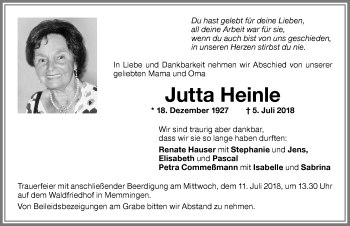 Traueranzeige von Jutta Heinle von Memminger Zeitung