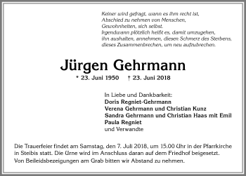 Traueranzeige von Jürgen Gehrmann von Allgäuer Anzeigeblatt