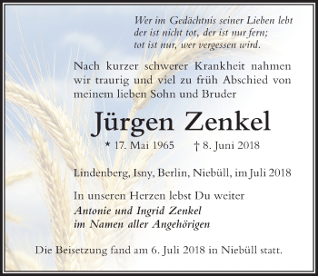 Traueranzeige von Jürgen Zenkel von Der Westallgäuer
