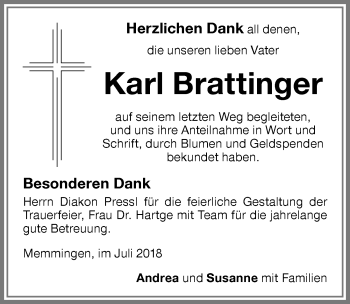 Traueranzeige von Karl Brattinger von Memminger Zeitung