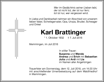 Traueranzeige von Karl Brattinger von Memminger Zeitung