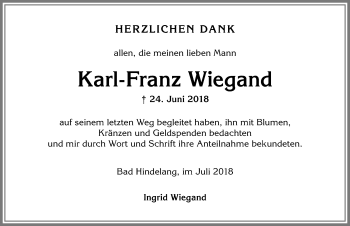 Traueranzeige von Karl-Franz Wiegand von Allgäuer Anzeigeblatt