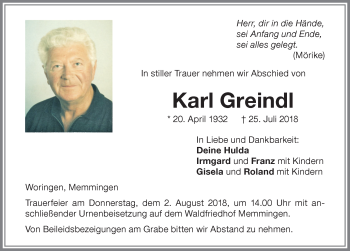 Traueranzeige von Karl Greindl von Memminger Zeitung