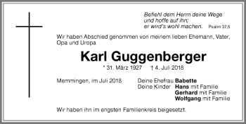 Traueranzeige von Karl Guggenberger von Memminger Zeitung