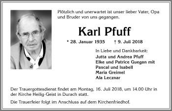 Traueranzeige von Karl Pfuff von Allgäuer Zeitung,Kempten