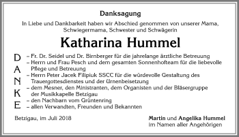 Traueranzeige von Katharina Hummel von Allgäuer Zeitung,Kempten