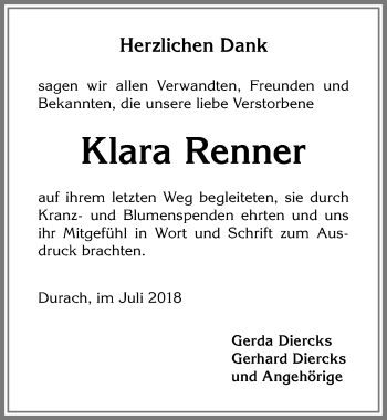 Traueranzeige von Klara Renner von Allgäuer Zeitung,Kempten