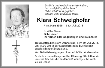 Traueranzeige von Klara Schweighofer von Allgäuer Zeitung, Kaufbeuren/Buchloe