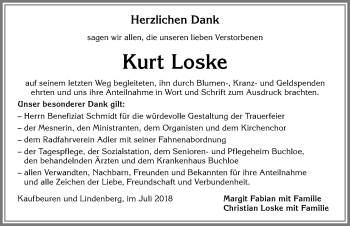 Traueranzeige von Kurt Loske von Allgäuer Zeitung, Kaufbeuren/Buchloe