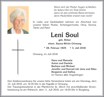 Traueranzeige von Leni Soul von Allgäuer Anzeigeblatt