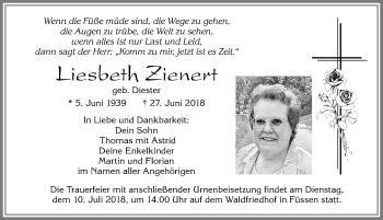 Traueranzeige von Liesbeth Zienert von Allgäuer Zeitung, Füssen