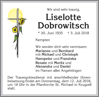 Traueranzeige von Liselotte Dobrowitsch von Allgäuer Zeitung,Kempten