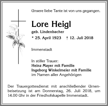Traueranzeige von Lore Heigl von Allgäuer Anzeigeblatt