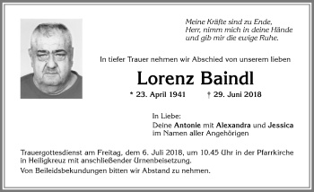 Traueranzeige von Lorenz Baindl von Allgäuer Zeitung,Kempten