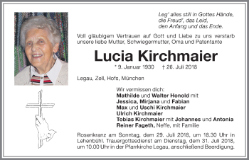 Traueranzeige von Lucia Kirchmaier von Memminger Zeitung