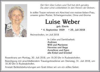 Traueranzeige von Luise Weber von Allgäuer Zeitung, Marktoberdorf