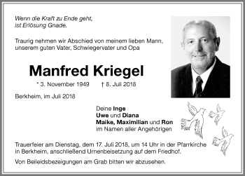 Traueranzeige von Manfred Kriegel von Memminger Zeitung