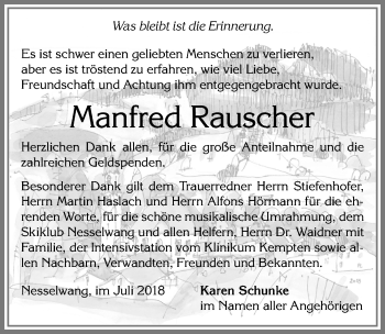 Traueranzeige von Manfred Rauscher von Allgäuer Zeitung, Füssen