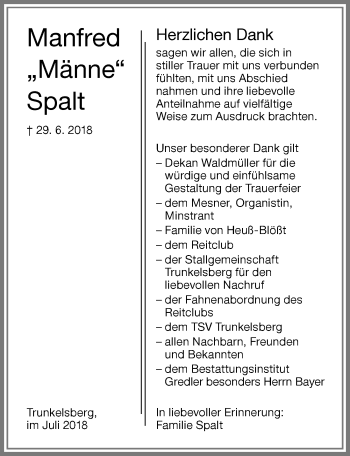Traueranzeige von Manfred Spalt von Memminger Zeitung