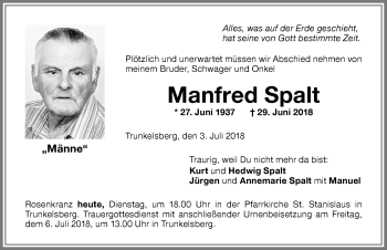 Traueranzeige von Manfred Spalt von Memminger Zeitung