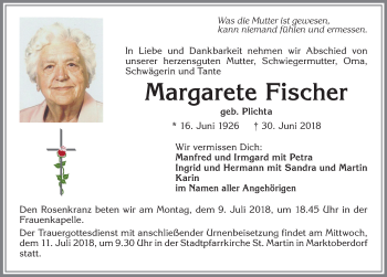 Traueranzeige von Margarete Fischer von Allgäuer Zeitung, Marktoberdorf