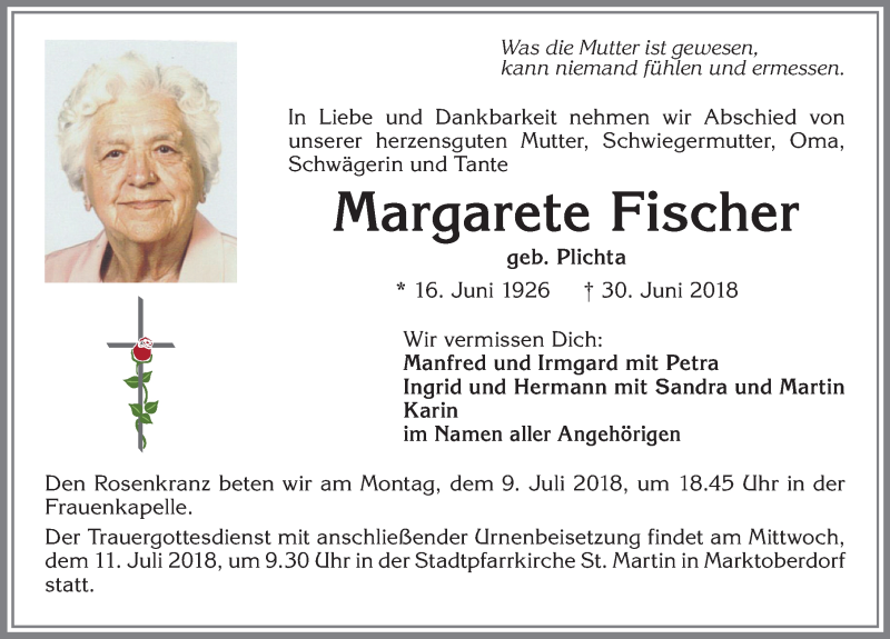  Traueranzeige für Margarete Fischer vom 07.07.2018 aus Allgäuer Zeitung, Marktoberdorf