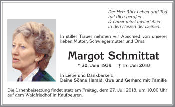 Traueranzeige von Margot Schmittat von Allgäuer Zeitung, Kaufbeuren/Buchloe
