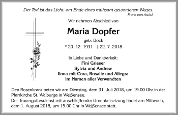 Traueranzeige von Maria Dopfer von Allgäuer Zeitung, Füssen