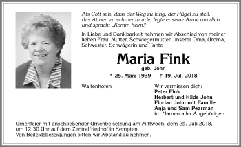 Traueranzeige von Maria Fink von Allgäuer Zeitung,Kempten