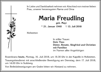 Traueranzeige von Maria Freudling von Allgäuer Zeitung,Kempten