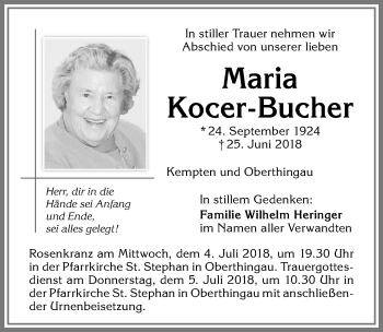 Traueranzeige von Maria Kocer-Bucher von Allgäuer Zeitung