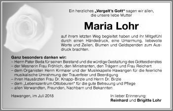 Traueranzeige von Maria Lohr von Memminger Zeitung
