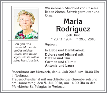 Traueranzeige von Maria Rodriguez von Allgäuer Zeitung,Kempten