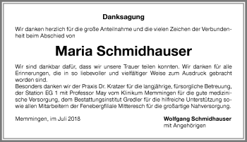 Traueranzeige von Maria Schmidhauser von Memminger Zeitung