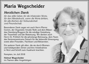 Traueranzeige von Maria Wegscheider von Allgäuer Zeitung,Kempten