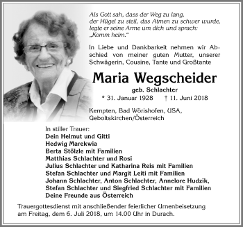 Traueranzeige von Maria Wegscheider von Allgäuer Zeitung,Kempten