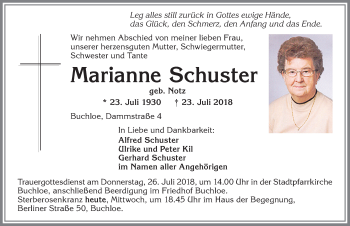 Traueranzeige von Marianne Schuster von Allgäuer Zeitung, Kaufbeuren/Buchloe