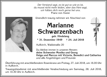 Traueranzeige von Marianne Schwarzenbach von Allgäuer Zeitung, Kaufbeuren/Buchloe