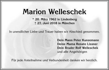 Traueranzeige von Marion Welleschek von Allgäuer Zeitung,Kempten