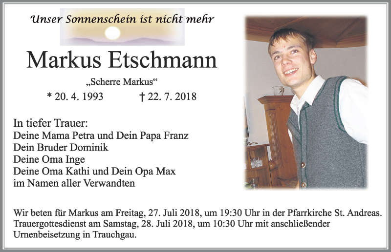  Traueranzeige für Markus Etschmann vom 26.07.2018 aus Allgäuer Zeitung, Füssen