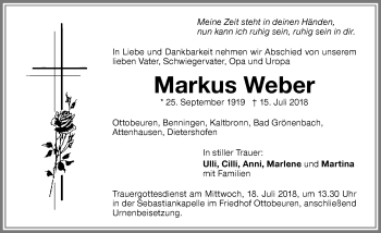 Traueranzeige von Markus Weber von Memminger Zeitung
