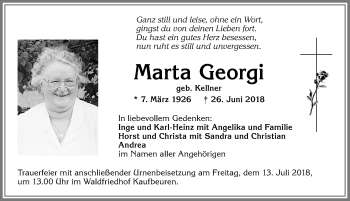 Traueranzeige von Marta Georgi von Allgäuer Zeitung, Kaufbeuren/Buchloe